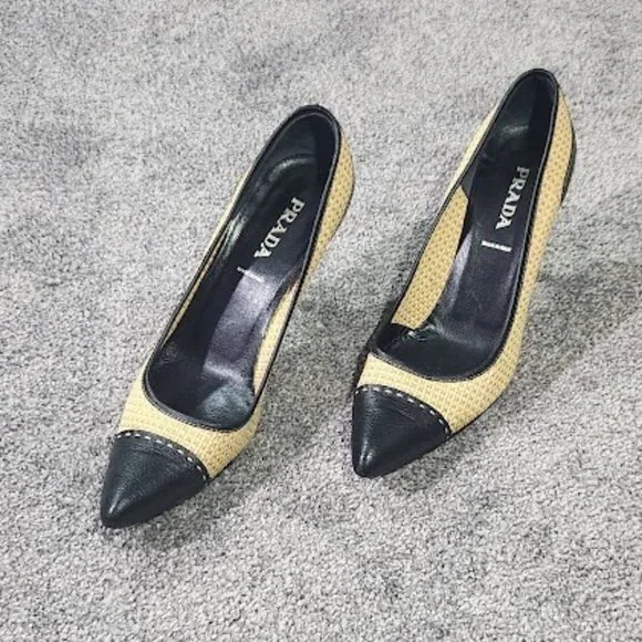 SOLD Prada Black Leather Raffia Cap Toe Pump Heels Sz 39 - Picture 6 of 15